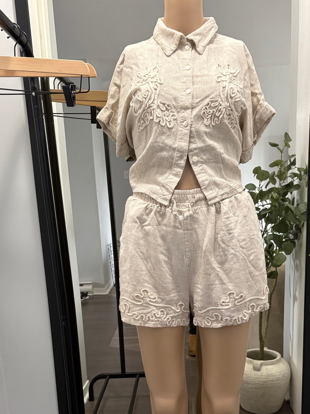 Neutral Embroidered Linen-Blend Button-Up Blouse